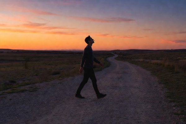 A solitary whistler walking along a quiet evening path, recalling a tune from memory