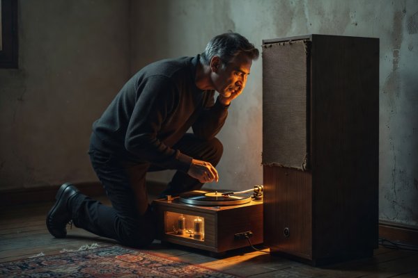 A listener leaning close to an acoustic speaker in a dimly lit room, catching a melody by ear