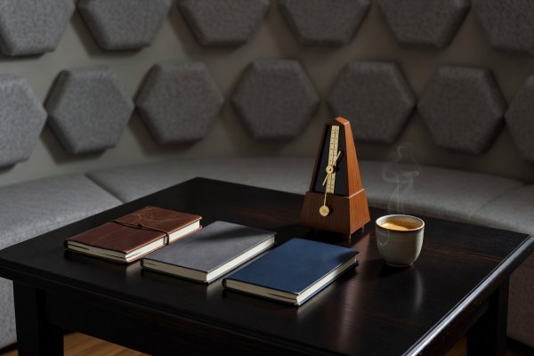 Three notebooks, a metronome, and a cup of espresso on a dark table in a quiet practice space
