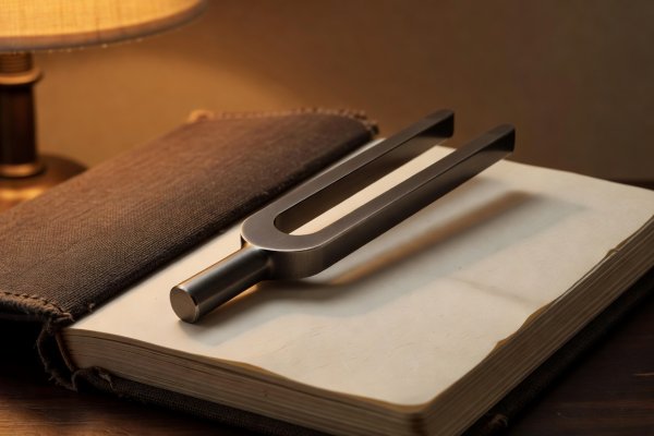 A steel A440 tuning fork resting on a linen listening notebook in warm amber light