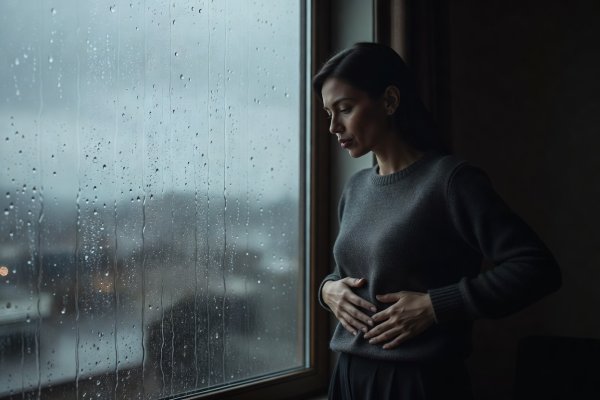 A person standing by a rain-streaked window, resting one hand lightly on their lower ribs while whistling